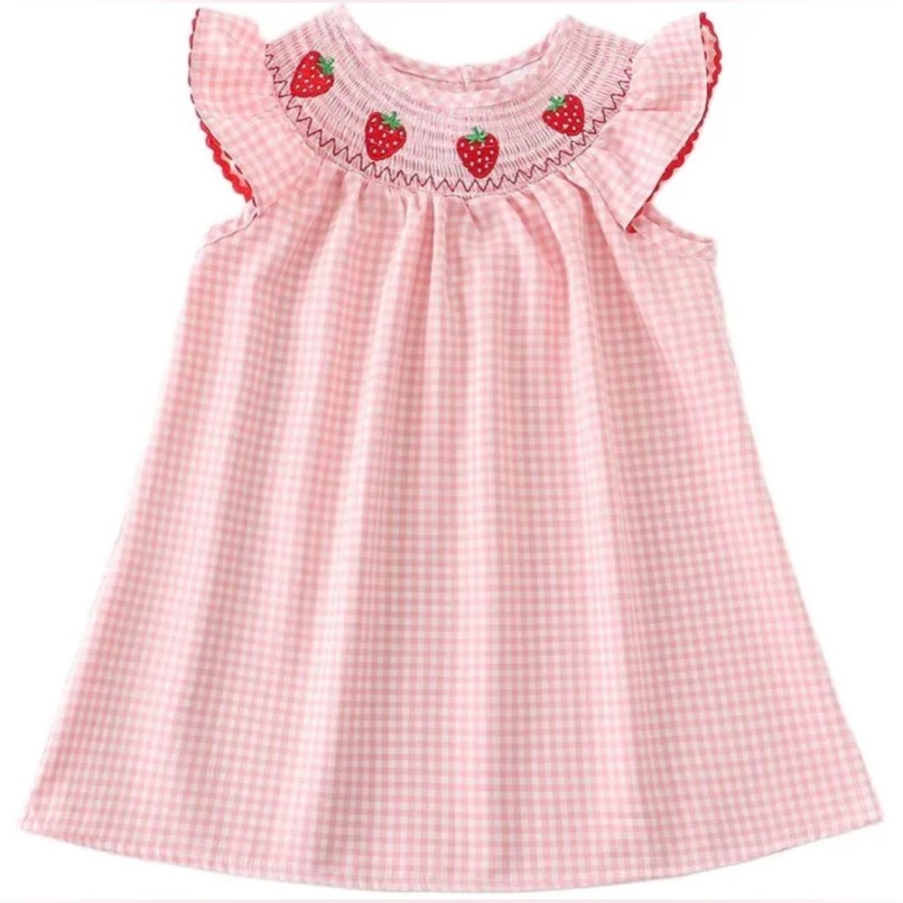 Strawberry Smocked dress embroidered toddler ruffles sleeves pastel pink gingham